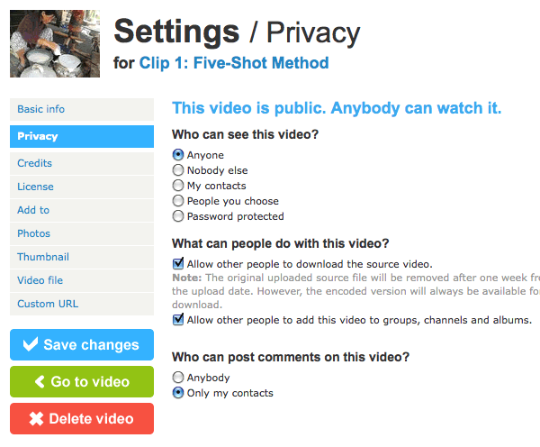 Screen capture: Privacy in Vimeo 
