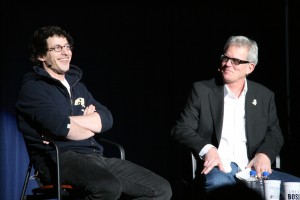 Master Lecturer Mike Foley interviews comedian Andy Samberg at the Stephen C. O'Connell Center.