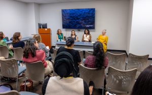 Holley Wilken, Yana Manyuk, Soroya Julian McFarlane and Emily Staub lead a session on approaches to reducing public health disparities. Photo credit: Jenna Ayoub.