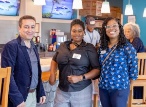 Nader Dagher, Tracy Kyles and Kelsy Adams at the summer institute welcome reception. Photo credit: Jenna Ayoub.