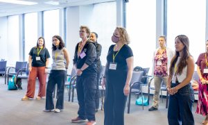 Attendees at the Laughter Yoga session. Photo credit: Jenna Ayoub.