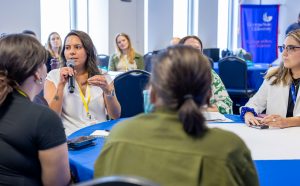 An attendee comments during a session about film and social change. Photo credit: Jenna Ayoub.