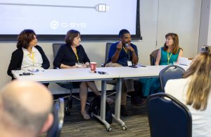 Jennifer Jiles, Gisele McAuliffe, Antoine Hayood and Marrianne McMullen speak during a session about public interest communications careers. Photo credit: Jenna Ayoub.
