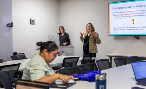 Amy Lynn Smith speaks during a session on translating jargon and writing clearly. Photo credit: Jenna Ayoub.