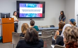 Arielle Mizrahi and Celeste Philip facilitate a session on classroom strategies for fostering productive dialogue that can help bridge divides. Photo credit: Jenna Ayoub.
