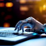 Robot hand typing on the computer. The concept of artificial intelligence replacing a human in dealing with another human. Ai generative