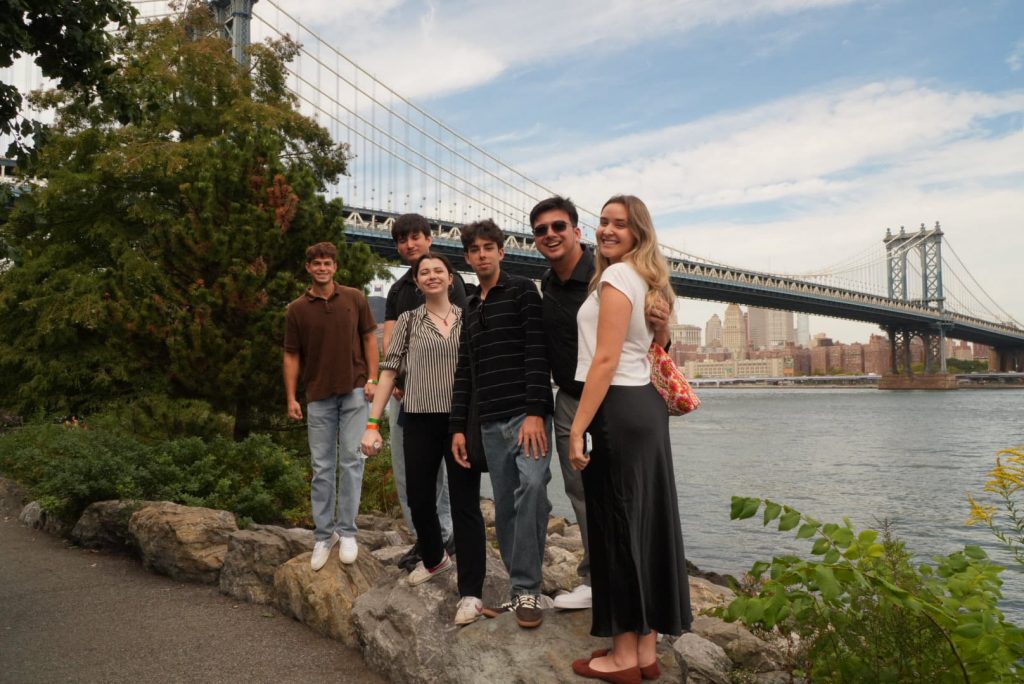 Gotham Week students in front of the Brooklyn Bridge.