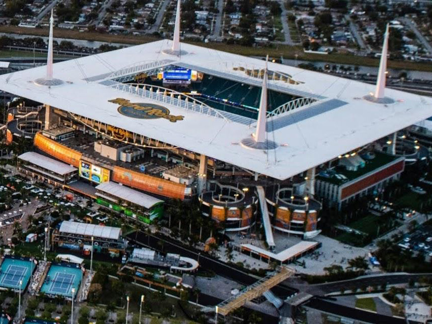 Aerial view of the Hard Rock stadium complex in Miami Gardens, FL.