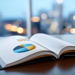 Stack of annual review booklets opened to display colorful charts and graphs. Soft glow from city lights visible through window. Concept of business analysis, corporate reporting, financial overview