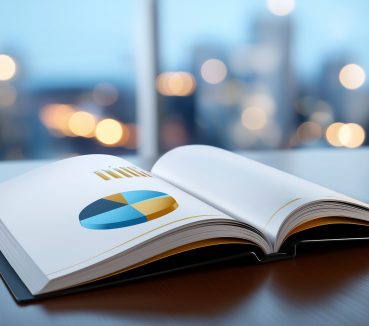 Stack of annual review booklets opened to display colorful charts and graphs. Soft glow from city lights visible through window. Concept of business analysis, corporate reporting, financial overview