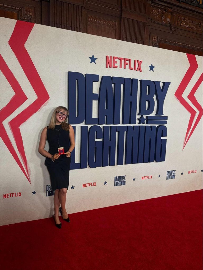 Tanya Fedak working the red carpet at the premiere of Netflix's 'Death by Lightning.