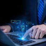 Businessman chatting with AI or artificial intelligence technology.