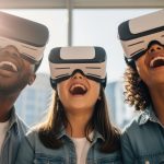 Three diverse individuals laughing joyfully while wearing virtual reality