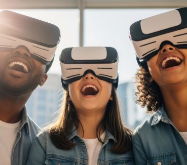 Three diverse individuals laughing joyfully while wearing virtual reality