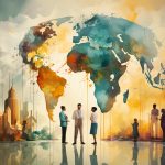 Meeting of people, planet earth with world map, brainstorming for ideas and environmental solution, global teamwork