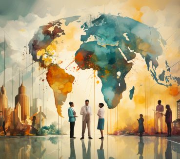 Meeting of people, planet earth with world map, brainstorming for ideas and environmental solution, global teamwork