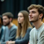Young man listening intently intently to a group making a presentation.