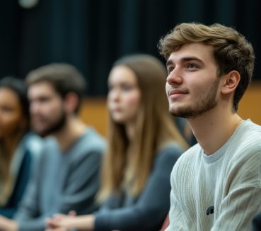 Young man listening intently intently to a group making a presentation.