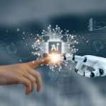 Concept of Artificial intelligence, AI robot, human, idea, development, think, futuristic technology transformation, science, robotic hand, connection with human hand and robot technology development