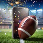 Mobile phone displaying sports betting app with football field background, confetti, and football s, betting, sports, mobile phone