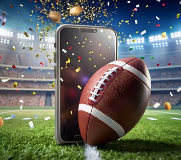Mobile phone displaying sports betting app with football field background, confetti, and football s, betting, sports, mobile phone