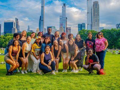 2024 One Week PR and Advertising students spend an afternoon in Central Park with professor Natalie Asorey and Julie Frey.